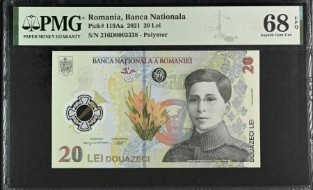 Romania - Romania, BNR, 20 lei 2021 P119Aa PMG Superb Gem Unc 68 EPQ