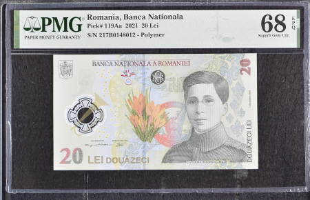 Romania - Romania, BNR, 20 lei 2021 P119Aa PMG Superb Gem Unc 68 EPQ