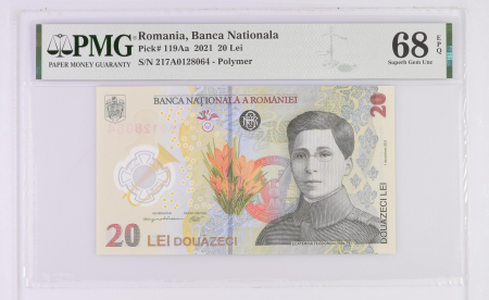 Romania - Romania, BNR, 20 lei 2021 P119Aa PMG Superb Gem Unc 68 EPQ