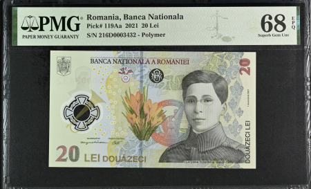 Romania - Romania, BNR, 20 lei 2021 P119Aa PMG Superb Gem Unc 68 EPQ