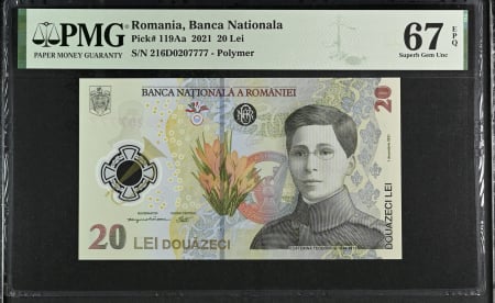 Romania - Romania, BNR, 20 lei 2021 P119Aa PMG Superb Gem Unc 68 EPQ