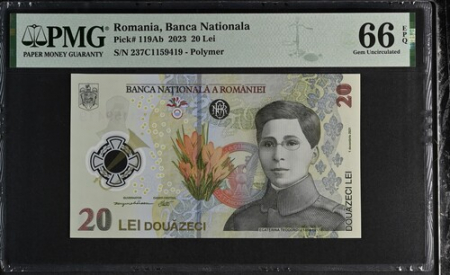 Bancnote - Romania, BNR, 20 lei 2023 P119Ab PMG Gem Uncirculated 66 EPQ