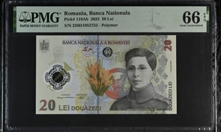 Bancnote - Romania, BNR, 20 lei 2023 P119Ab PMG Gem Uncirculated 66 EPQ