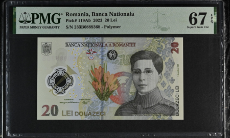 Bancnote - Romania, BNR, 20 lei 2023 P119Ab PMG Superb Gem Unc 67 EPQ