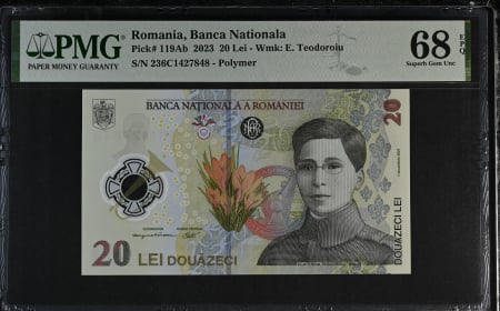 Romania - Romania, BNR, 20 lei 2023 P119Ab PMG Superb Gem Unc 68 EPQ