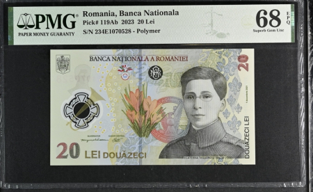 Bancnote - Romania, BNR, 20 lei 2023 P119Ab PMG Superb Gem Unc 68 EPQ