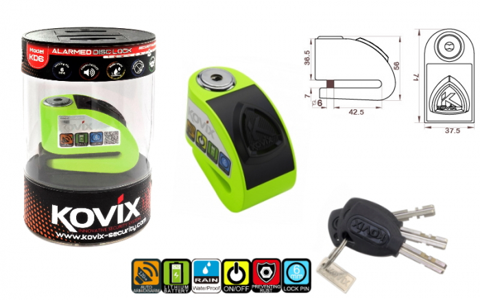 Blocaj disc frana (antifurt) Kovix KD6 cu alarma, culoare verde fluo [3]