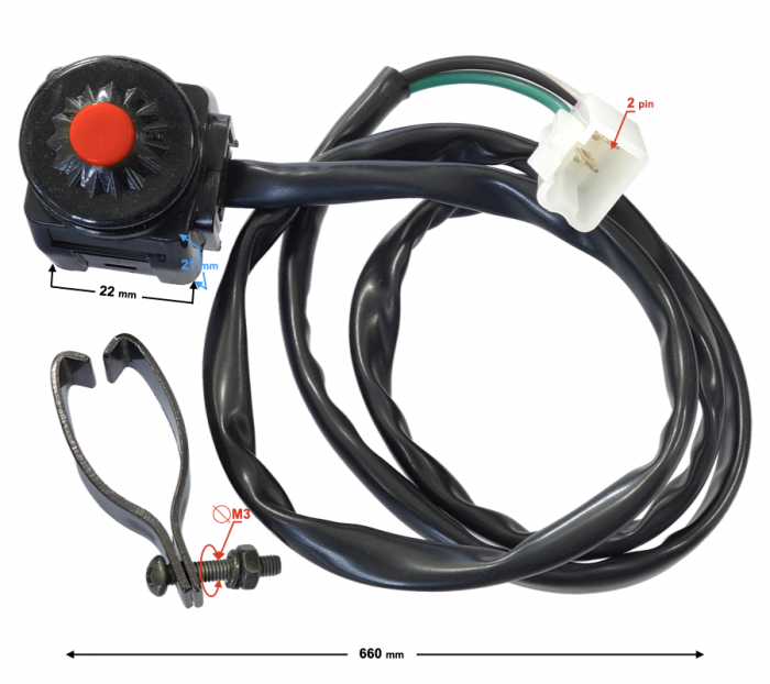 Buton oprire motociclete/atv, 2 pini, prindere pe ghidon, buton rosu [2]