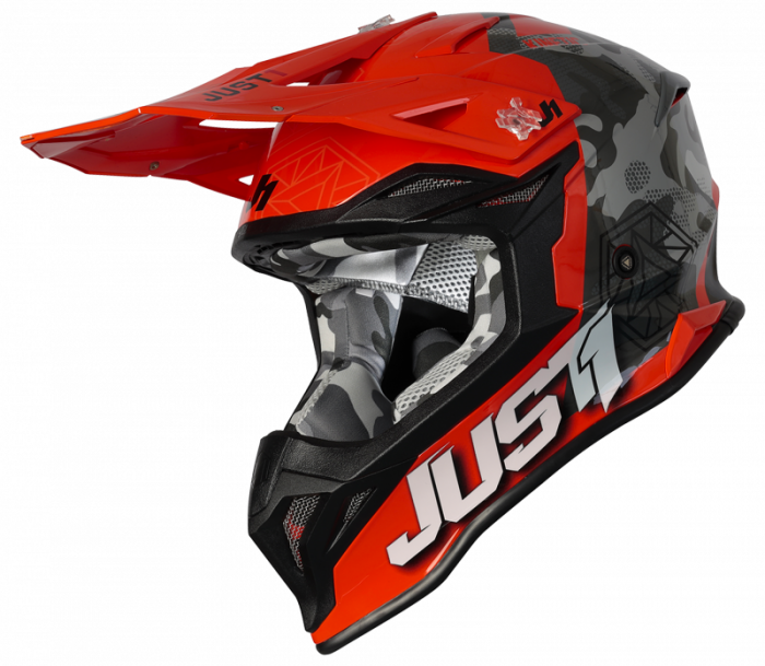 Casca motocross atv JUST1 J39 Kinetic Camo, culoare gri rosu portocaliu fluo, marime L