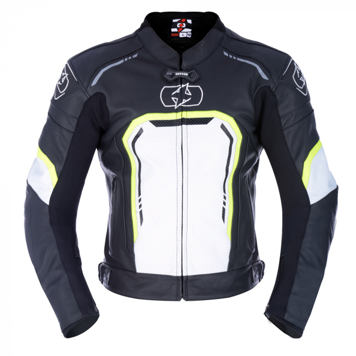 Geaca piele Oxford Strada Sport, protectii umeri/coate, negru/alb/galben fluo, M [2]
