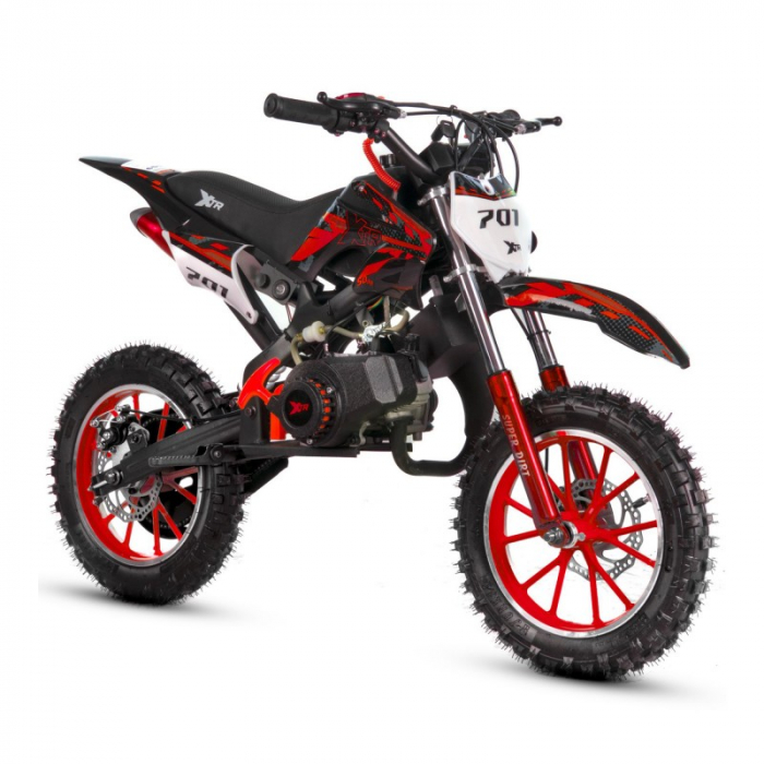 Mini Cross XTR 701, 50cc, 2 timpi, pornire electromotor, roti 10 inch, culoare negru rosu