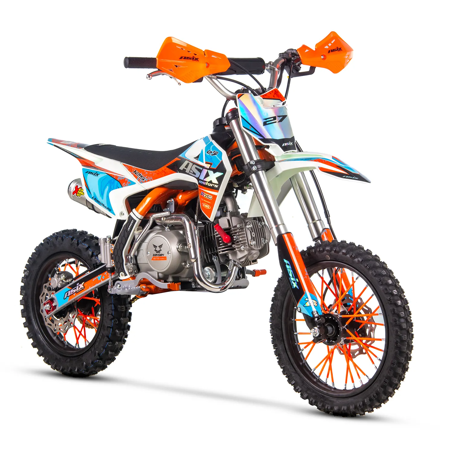 Motocicleta Enduro Cross Asix XB27 A1, 125cc, 4T, roti 14   12  , pornire electromotor, culoare portocaliu albastru