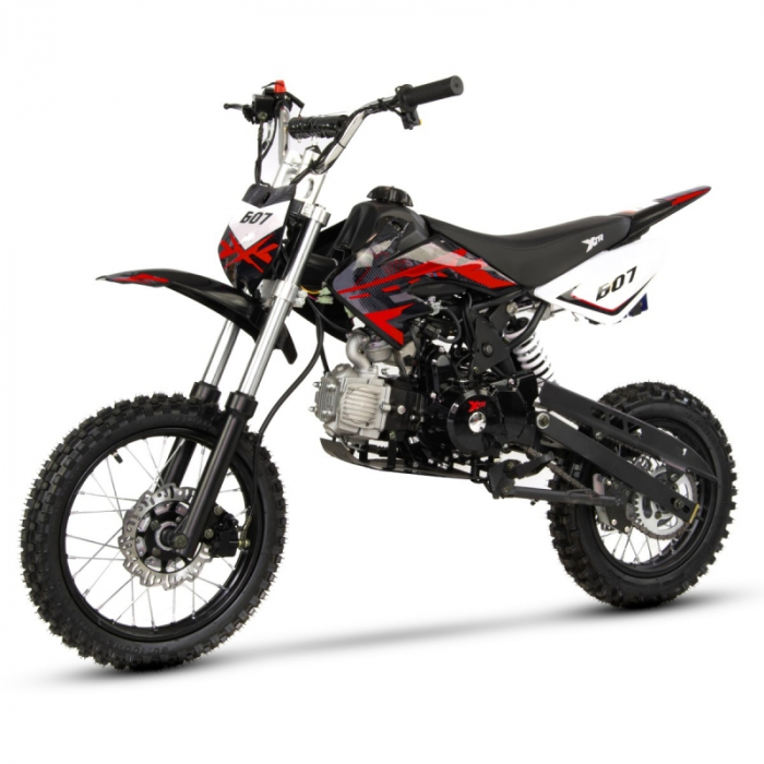 Motocicleta Cross Enduro copii 4T XTR 607M, 125cc, roti 14 12, pornire pedala starter, pedala schimbator, culoare negru rosu