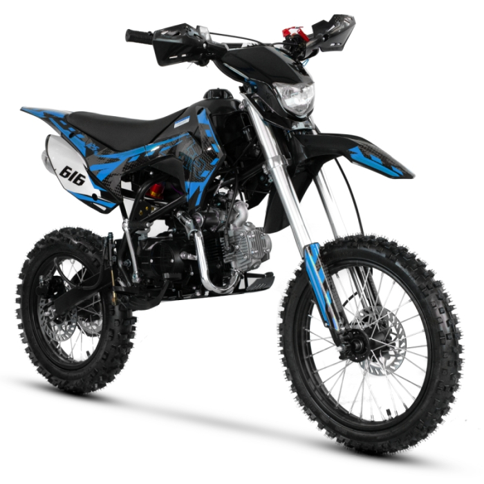Motocicleta Cross Enduro copii, XTR 616, 125cc, roti 14 17, cu far, pornire electromotor, culoare negru albastru