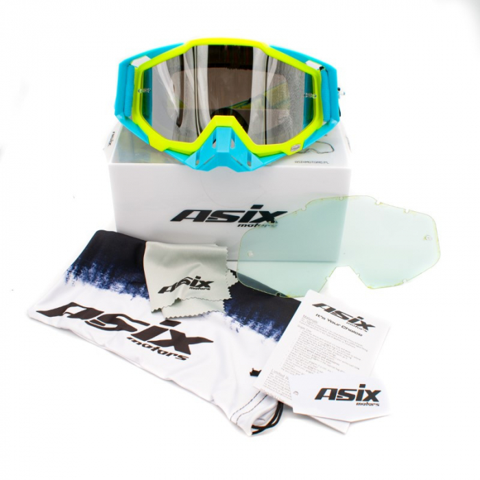Ochelari cross/atv/enduro, Asix AS1, lentila argintie, culoare rama lime/albastru mat [2]