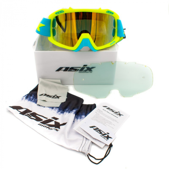 Ochelari cross/atv/enduro, Asix AS2, lentila galbena, culoare rama lime/albastru mat [2]