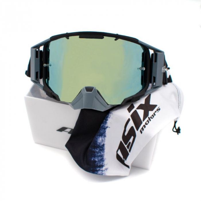 Ochelari cross/atv/enduro, Asix AS3, lentila albastra, culoare rama gri/negru mat [3]