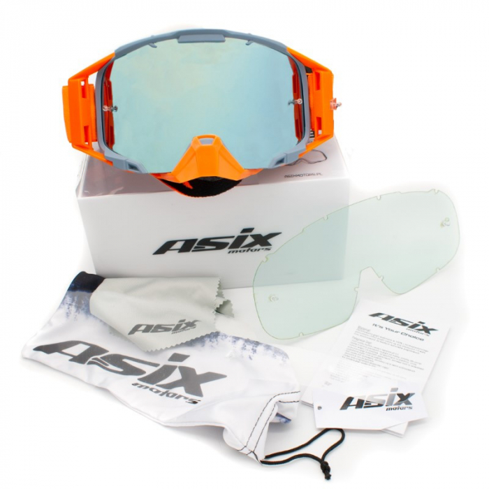 Ochelari cross/atv/enduro, Asix AS3, lentila albastra, culoare rama gri/portocaliu mat [2]