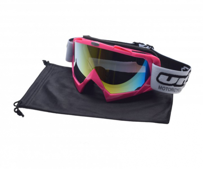 Ochelari motocross atv enduro Unit, culoare rama roz, lentila fumurie curcubeu