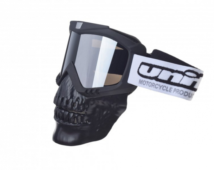 Ochelari motocross atv enduro Unit, model masca craniu, culoare rama negru, lentila oglinda argintie