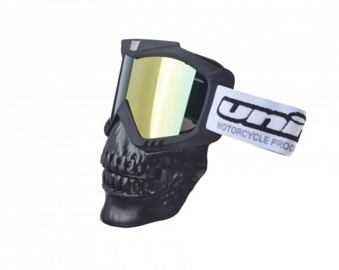 Ochelari motocross atv enduro Unit, model masca craniu, culoare rama negru, lentila oglinda aurie