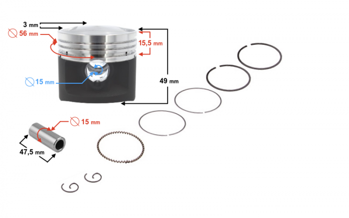 Piston si segmenti 125cc, 4T, diametru 56.4, bolt 15 mm, inaltime 49 mm [2]