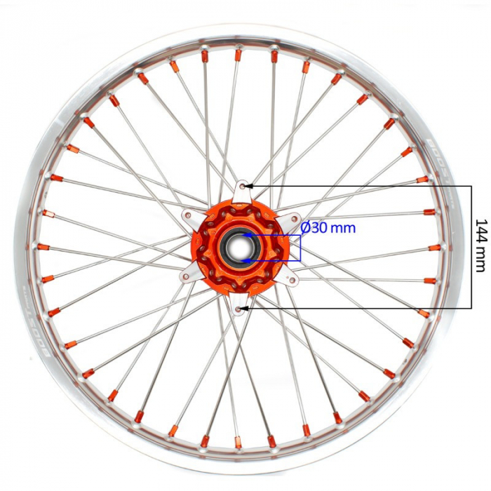 Roata fata cross 300cc, 21 inch" x 1.60 latime, din aluminiu, Boost Parts Racing, nipluri si butuc portocaliu [2]