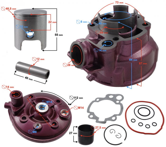 Set motor Racing, cilindru+chiuloasa+garnituri, AM6, diametru 48,5mm, 90cc, culoare violet [3]