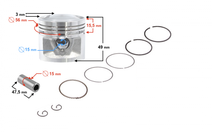 Set piston, d.56,4 mm, segmenti si sigurante 125cc [2]