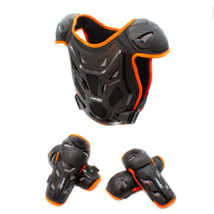 Set protectie corp, genunchiere si cotiere, cross enduro atv, copii Asix AS1, marime universala, culoare negru portocaliu