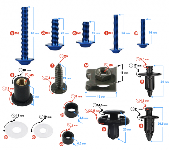 Set suruburi, cleme, prindere carene universale, culoare albastru negru