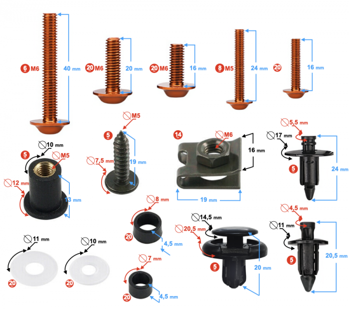 Set suruburi, cleme, prindere carene universale, culoare portocaliu negru