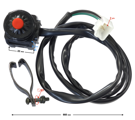 Buton oprire motociclete/atv, 2 pini, prindere pe ghidon, buton rosu [1]