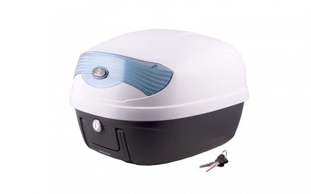 Cutii / Genti - Cutie cu suport 28L, Moretti MR-808, culoare alb/negru, reflector albastru