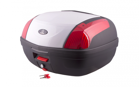 Cutii / Genti - Cutie cu suport 46L, Moretti MR-889, culoare negru/alb, reflector rosu