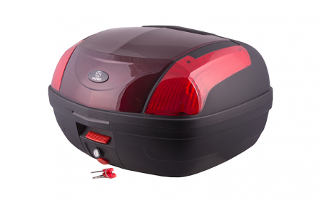 Cutii / Genti - Cutie cu suport 46L, Moretti MR-889, culoare negru/visiniu, reflector rosu