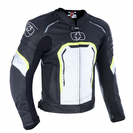 Geci - Geaca piele Oxford Strada Sport, protectii umeri/coate, negru/alb/galben fluo, M