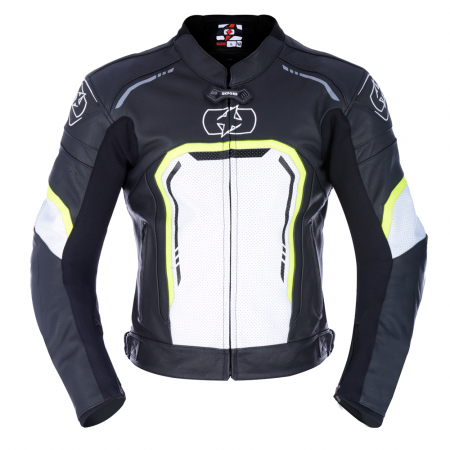 Geaca piele Oxford Strada Sport, protectii umeri/coate, negru/alb/galben fluo, M [1]