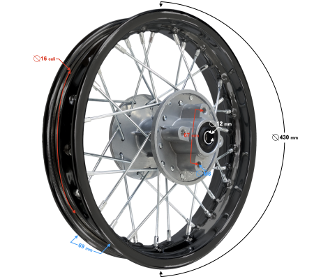 Roti & Accesorii - Roata completa spate cu spite 16"x1.85, diametru gaura pinion 67mm, pentru cross 150 cc