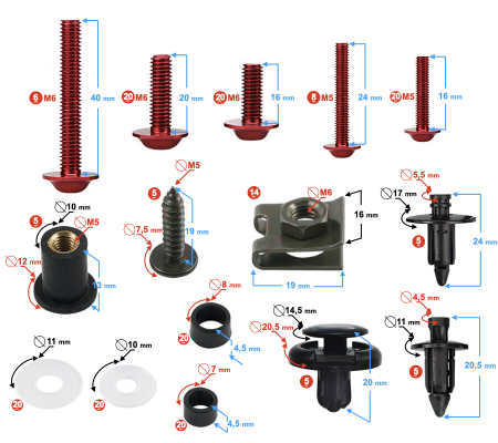 Suspensie Cadru - Set suruburi, cleme, prindere carene universale, culoare rosu/negru