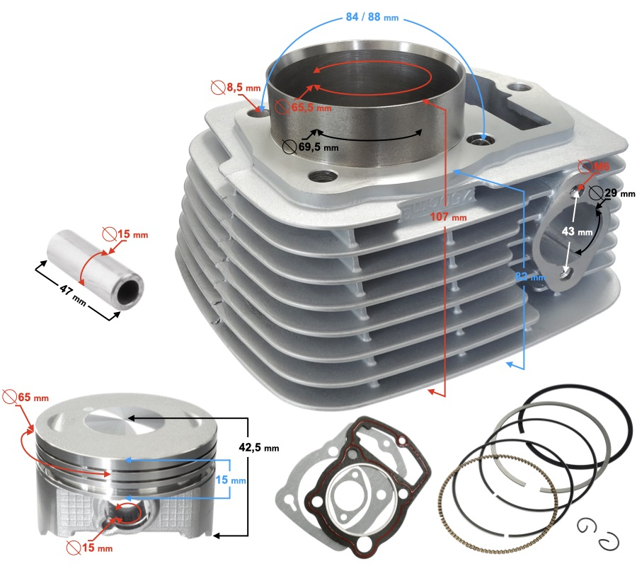 Set motor, atv 250, 65.5mm cilindru, piston, segmenti, garnituri, bolt 15mm [2]