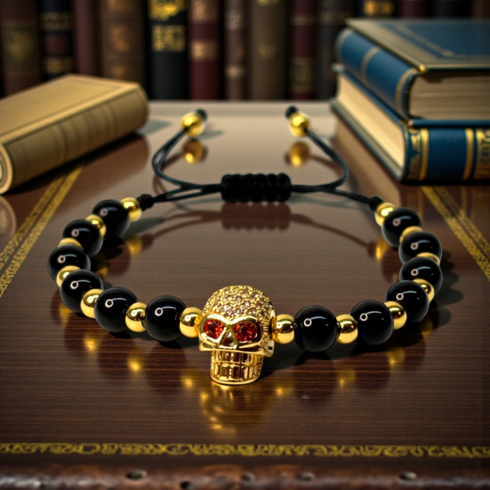 Brățară Harley cu pietre naturale negre și skull placat cu aur [2]