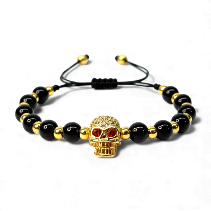 Brățară Harley cu pietre naturale negre și skull placat cu aur [5]