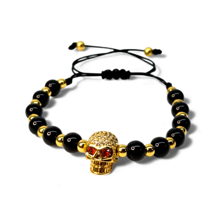 Brățară Harley cu pietre naturale negre și skull placat cu aur [1]