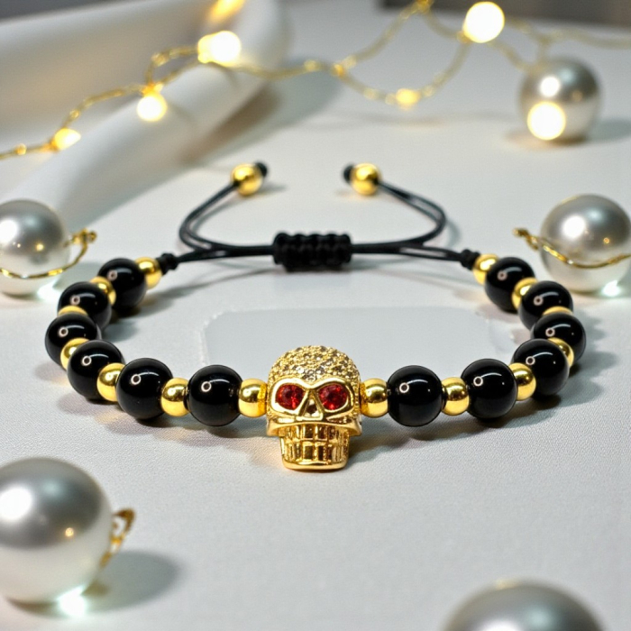 Brățară Harley cu pietre naturale negre și skull placat cu aur [6]