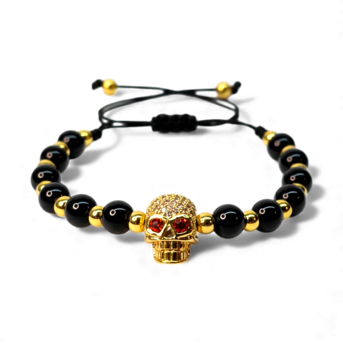 Brățară Harley cu pietre naturale negre și skull placat cu aur [3]