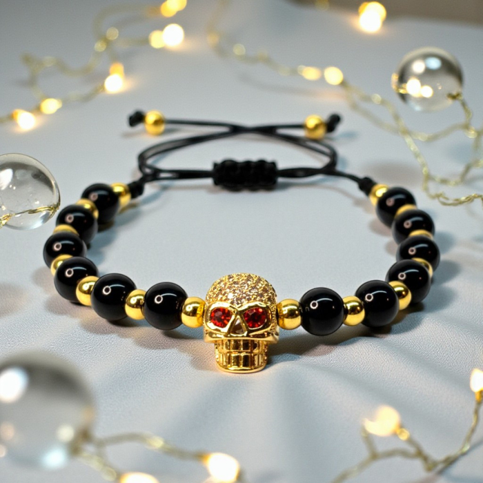 Brățară Harley cu pietre naturale negre și skull placat cu aur [4]