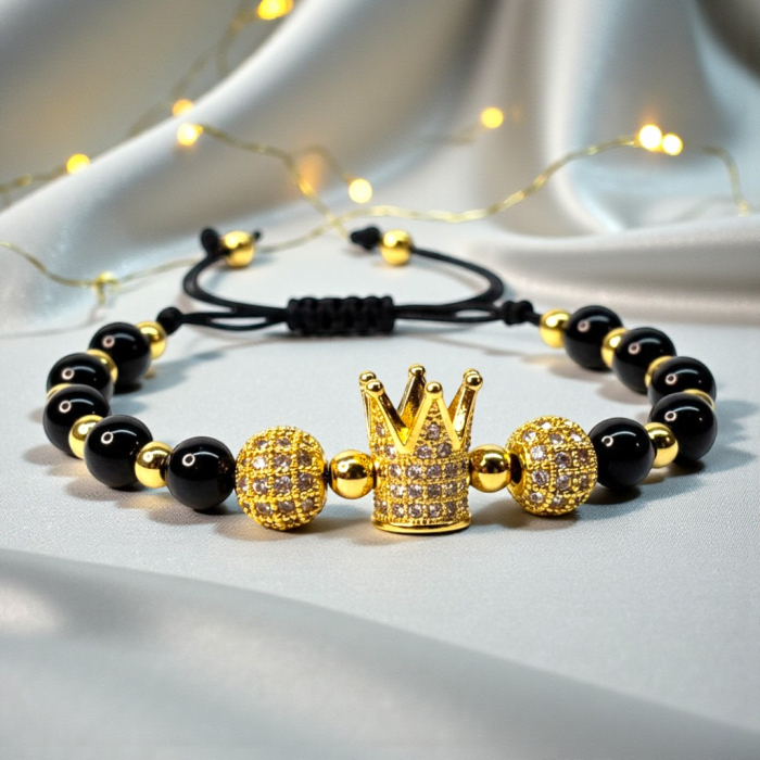 Brățară Kennedy cu hematit și coroană aurie decorată cu zirconii [6]