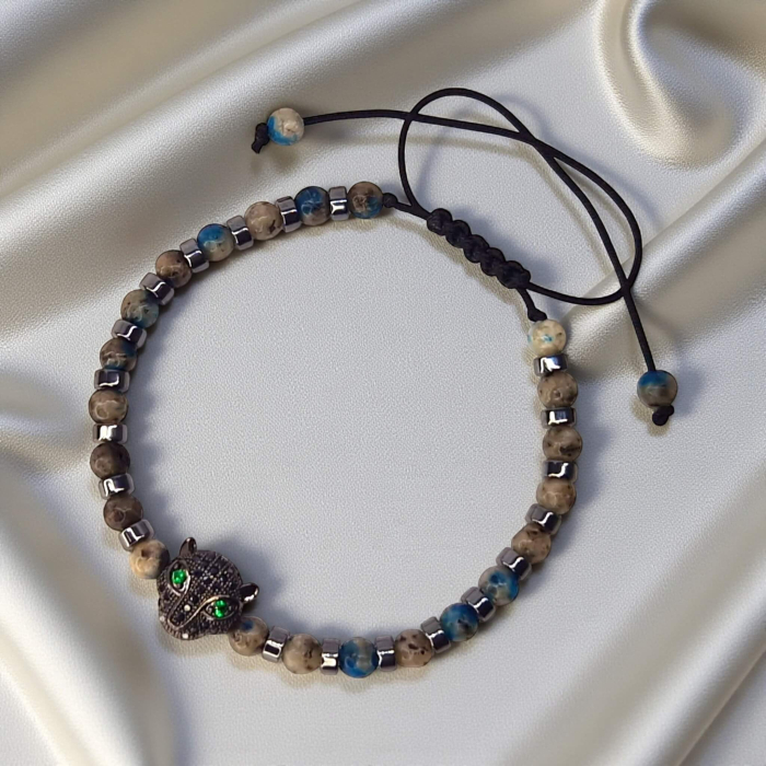Brățară Aryan cu labradorit, hematit și panteră cu ochi verzi [2]