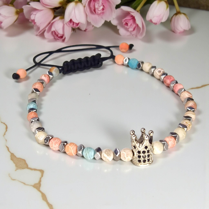 Brățară Delia cu pietre naturale pastel și coroniță placată cu rodiu [4]